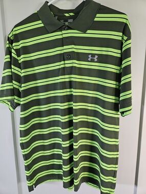 Under Armour Green Striped Polo Shirt HeatGear Performance